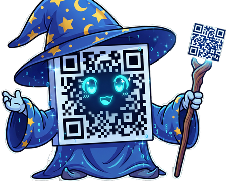 A friendly wizard mascot with a QR-code body, casting a spell